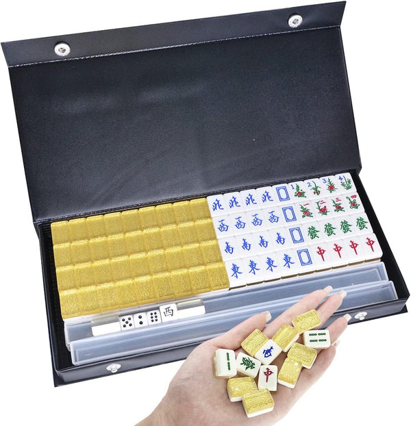 Drizzle Gold Travel Mini Mahjong Set - 20mm with Instructions, 146 Tiles, 4PCS Racks, Portable for Beginners