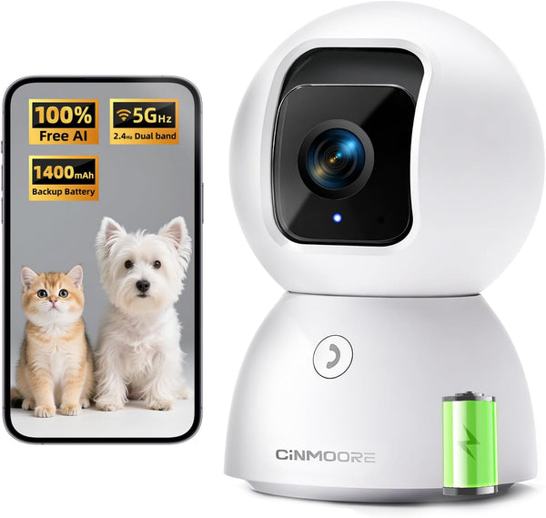 CINMOORE 3K 5G Wi-Fi Security Camera Indoor, Backup Battery for Power Outage Protection,