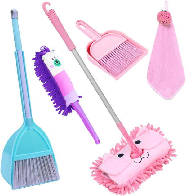 7 Pack Cleaning Set Kid's Housekeeping Tools Kitchen Toys,Includes Mop Broom,Dust-pan,Brush,Apron,Rag,Chenille Duster