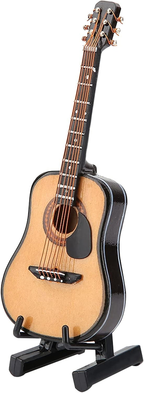 Miniature Guitar Model, Wooden Dollhouse Guitar with Stand and Case, Musical Instrument Home Decor (10CM)