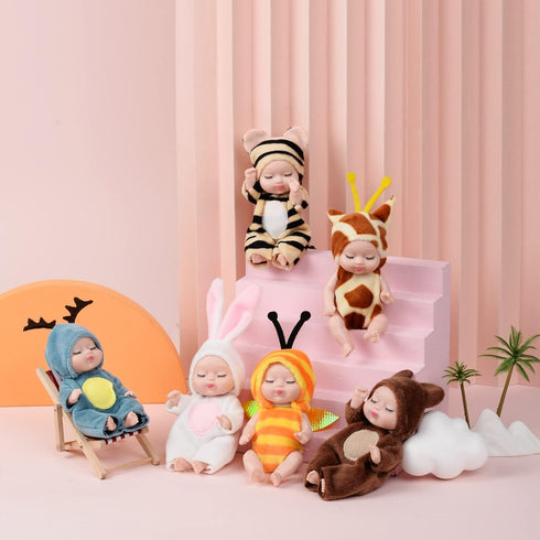 6 Pcs 4 Inch Mini Reborn Baby Dolls Toy Set - Realistic Baby Dolls with Cute Animal Clothes