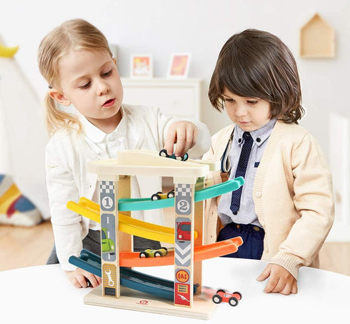 TOP Bright Wooden Race Track Car Ramp Toys for 1-2 Year Olds, Motor Skills Playsets with Mini Cars & Garage