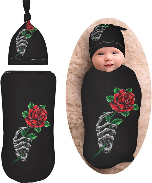 Skeleton Hand Holding Rose Newborn Swaddle Blanket Soft Unisex Infant Wrap with Beanie Hat for Boy and Girl
