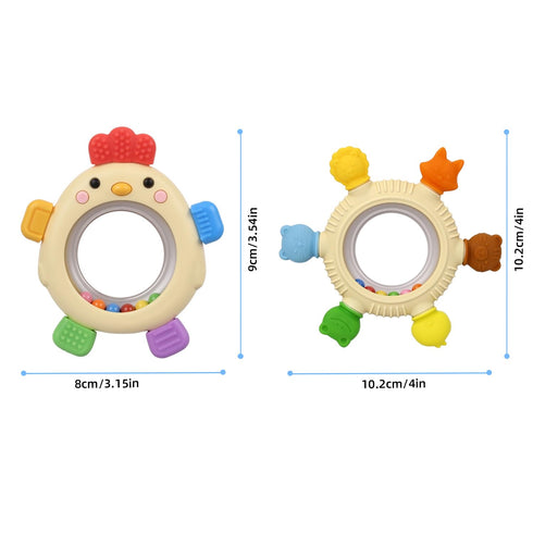 2 Pack 0-3 3 6-12 Sensory Toys for Babies, Baby Teething Rings Toys for Months Baby Rattle Teether Silicone Teether