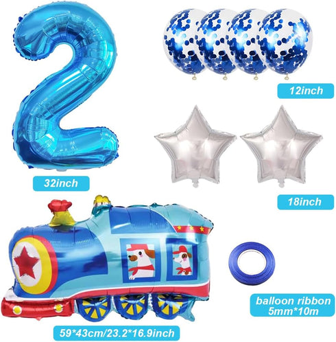 Weenkeey 2nd 2 Birthday Train Balloons - Giant Aluminum Foil Balloon Number Mylar for Railroad Party - Blue