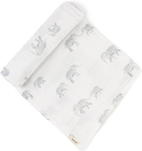 PEHR Muslin Cotton Swaddle, Follow me Elephant | Organic Baby Blanket |