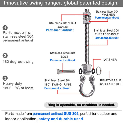 BeneLabel 6Pcs Heavy Duty Stainless Steel Swing Hooks, Permanent Antirust Wood Beam & I-Beam Hanger for Yoga Hammock