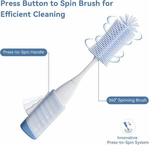 Swishine Set, Baby Bottle Brush Innovative Efficient Press-to-Spin Brush Cleaner - Includes Silicone Bottle Brush