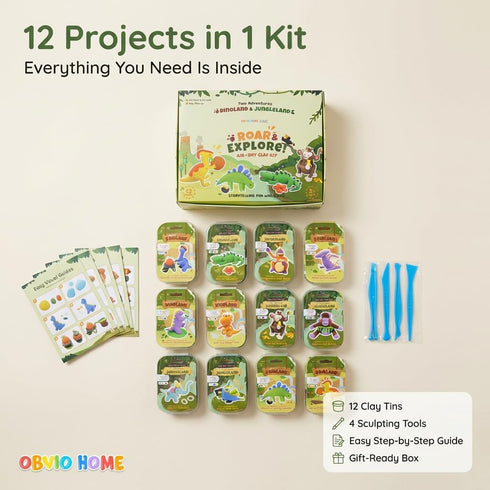 OBVIO HOME 12 Set, Air Dry Clay for Kids - Dinosaur & Jungle Designs Modeling Clay Kit - Model Sculpting Ultra Soft