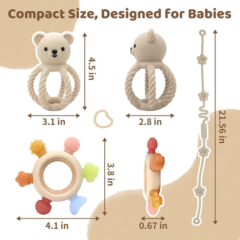 3Pcs Set 3-12 Baby Silicone Teether Toy - Food-Grade Silicone Teething Relief Toys,Wooden Ring Teether Cute Bear Toy