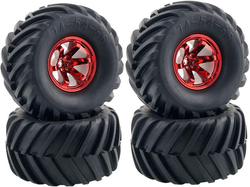 4PCS 1/10 RC Monster Truck Wheel and Tire Set, 135MM Rubber Tyres and 6 Spoke Plastic Wheel Rims (Red)