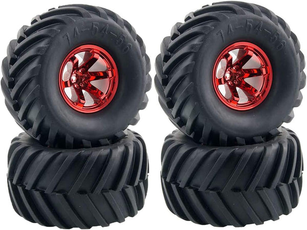 4PCS 1/10 RC Monster Truck Wheel and Tire Set, 135MM Rubber Tyres and 6 Spoke Plastic Wheel Rims (Red)