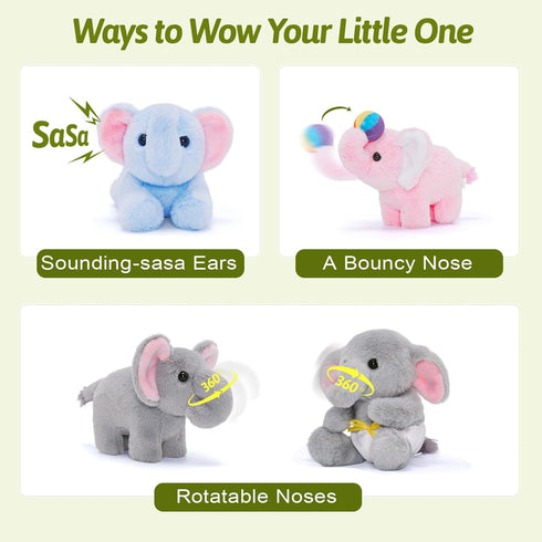 OUOZZZ 4 Set 14" 6.3" Elephant Stuffed Animal with Baby Elephants Interactive Plush Toy with Crinkly Ears, Rotating