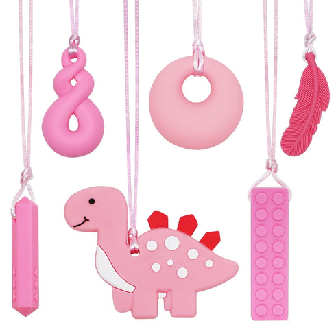 Chew Necklace for Sensory Kids, 5 Pack Chewy Necklace Sensory Chew Toys for Autistic Children, Silicone Pink Dinosaur