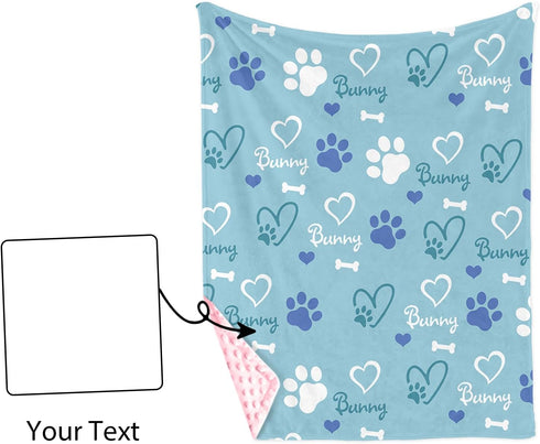 Personalized Baby Blankets for Boys Girls Custom Light Blue Baby Girl Blanket with Cute Puppy Paw Print Design, Soft