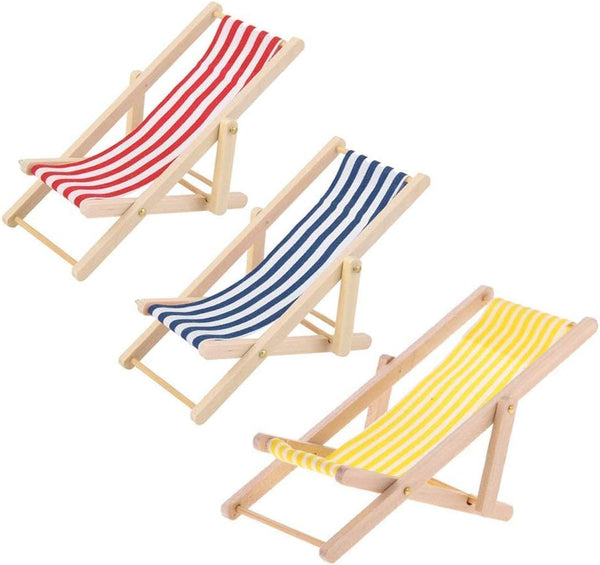 3pcs 1:12 Miniature Foldable Wooden Beach Chair, Mini Deck Chair, Indoor Outdoor Furniture Accessories with Red/Blue
