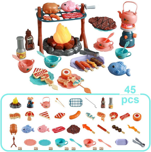 yoliyogo Set 45pcs 3+ Pretend Play Campfire Toy with Realistic BBQ Accessories,Fake Grill Foods,Tea Pots etc,Simulate