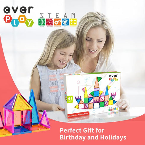 Everplay 41 pc Magnetic Tiles Starter Set - STEM Educational Learning Magnet Toy for Kids Age 3+ - Creative Kit