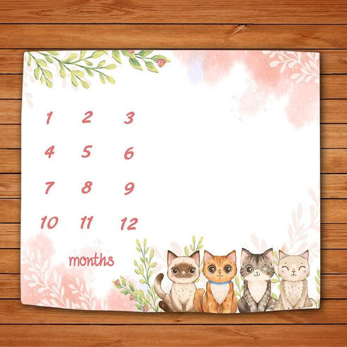 Baby Monthly Milestone Blanket for Girls, Spring Pink Cartoon Animal Cat Growth Chart, 48x40 Inch