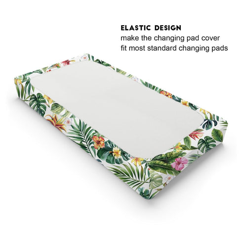 Green Tropical Leaves Floral Hummingbirds Changing Pad Covers, Rainforest Monstera Leaves for Boy Girl, Soft 32''x16''