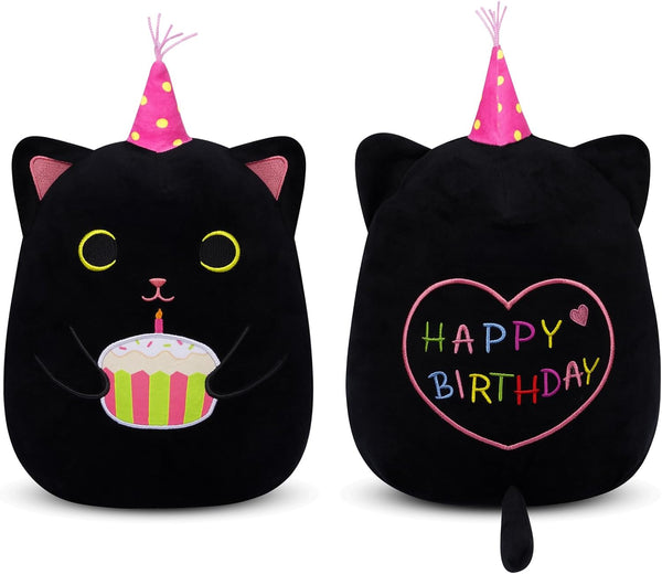 Cat Plush, 14 Inch Black Cat Birthday Stuffed Animal with Cake, Kawaii Kitten Cuddle Pillow Gift