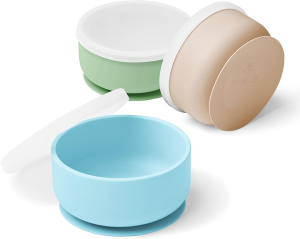 Silicone Baby Bowls with Suction - Toddler Bowls with Lids in Blue, Green, and Beige