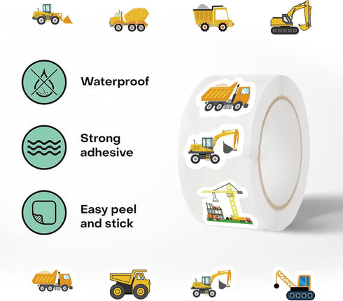 KOPTOP 1000PCS 2 10 Construction Vehicle Stickers Roll, Rolls Styles Self-Adhesive Stickers for Kids - Waterproof