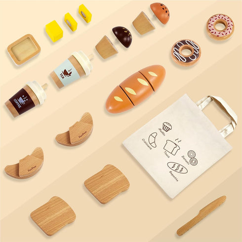 Set, 3+ PairPear Wooden Bakery Play Food Pretend Play Kitchen Accessories with Shopping Bag, Kids Cutting Food Gift