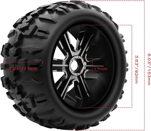 GLOBACT 1/8 1/10 17mm Hex RC Wheels and Tires - PreGlued for 1/10 TRX ERevo T-Maxx Summit
