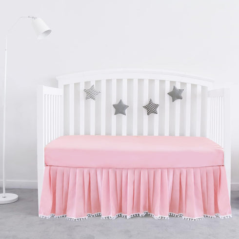 Pink Crib Skirt Pleated with White Pompoms, 14" Drop Bedding Dust Ruffle for Girls, Fade Resistant Machine Wash