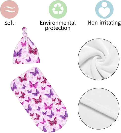 Lcokin Sets Butterfly Baby Stuff Swaddle Blanket Newborn Baby Swaddling Blanket Sleep Sack with Beanie Hat for Boys