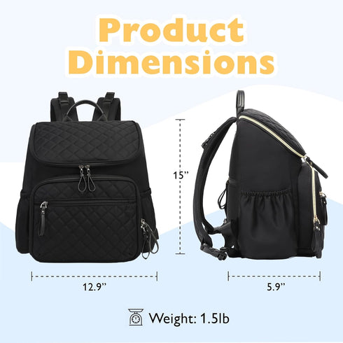 Backpack LORADI Lightweight Diaper Bag with Stroller Clips, Insulated Pockets, Baby Shower Essentials (Nylon, Black)