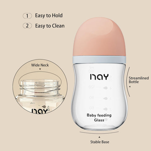 Natural Glass Baby Bottle Wide Neck - Newborn Anti-Colic Bottle, Clear, 5.4oz (Pack of 2) with Slow Flow Nipples
