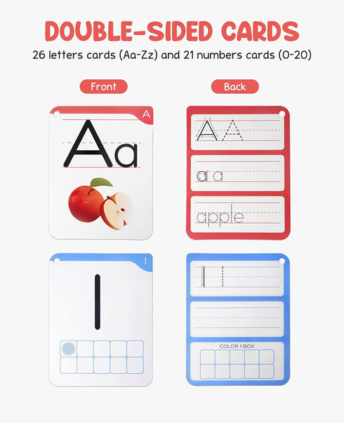 Gamenote Dry Erase Flash Cards - 47 Laminated Alphabet and Number Tracing Cards for Kindergarten with Marker