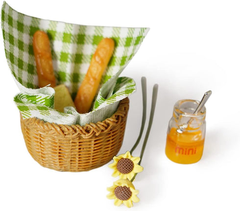1:12 9PCS Miniature Food Dollhouse Accessories Garden Decor Scale Bread Honey Picnic Basket Cloth Flowers Garden