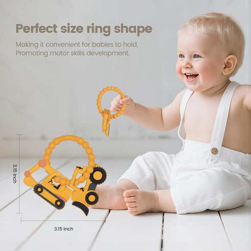 Excavator,Bulldozer 0-6,6-12 Silicone Baby Ring Toy with Teethers,Must Haves Teething Relief Chew Toys for Months Boys