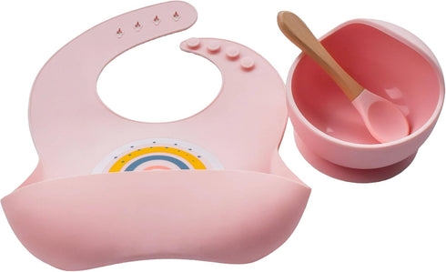 Silicone Rainbow Baby Bibs & Suction Bowl Set - BPA-Free Adjustable Bib with Food Catcher + Premium Utensils (Pink)