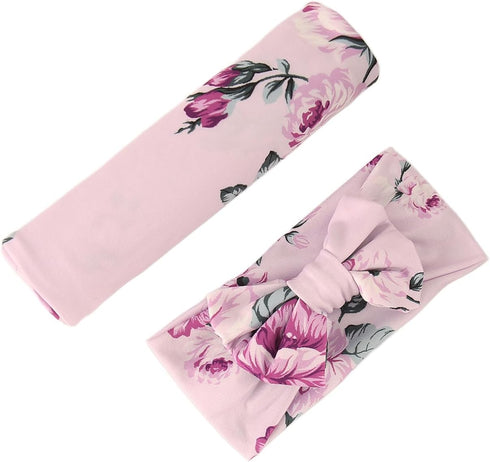 Set Galabloomer Receiving Blanket Headband Flower Print Baby Swaddle Receiving Blankets (purple rose)