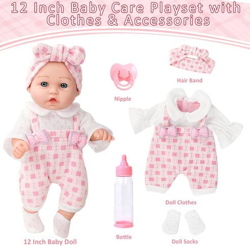 12" Playset Girls,12 Inch Set 3+ Girl Baby Doll With Accessories And Clothes In Gift Box For Little Small Realistic