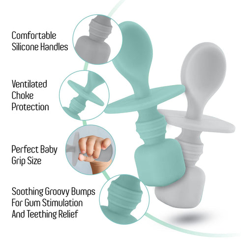 Silicone Baby Spoons for Baby Led Weaning, 2-Pack First Stage Feeding Spoon Set, Gum Friendly, BPA Free (Light Blue)