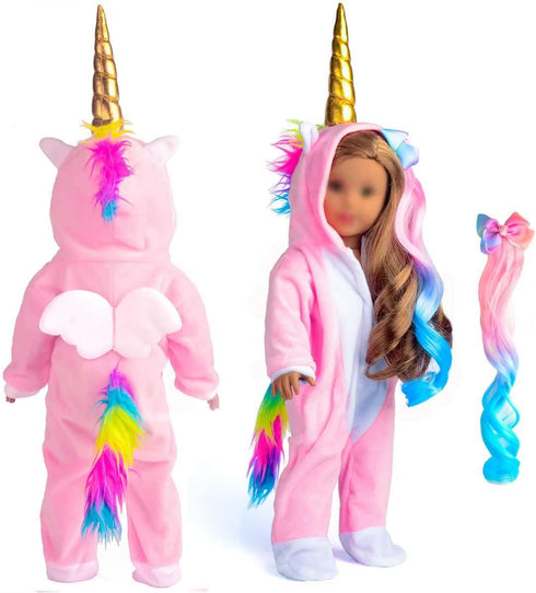 18 Inch Doll Clothes Unicorn Onesie Pajamas with Rainbow Color Hair Bow Clips Costume (Doll Not Included)