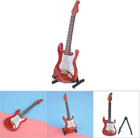 Wooden Miniature Guitar - Mini Electric Guitar with Stand, Decorative Dollhouse Accessories (Red)