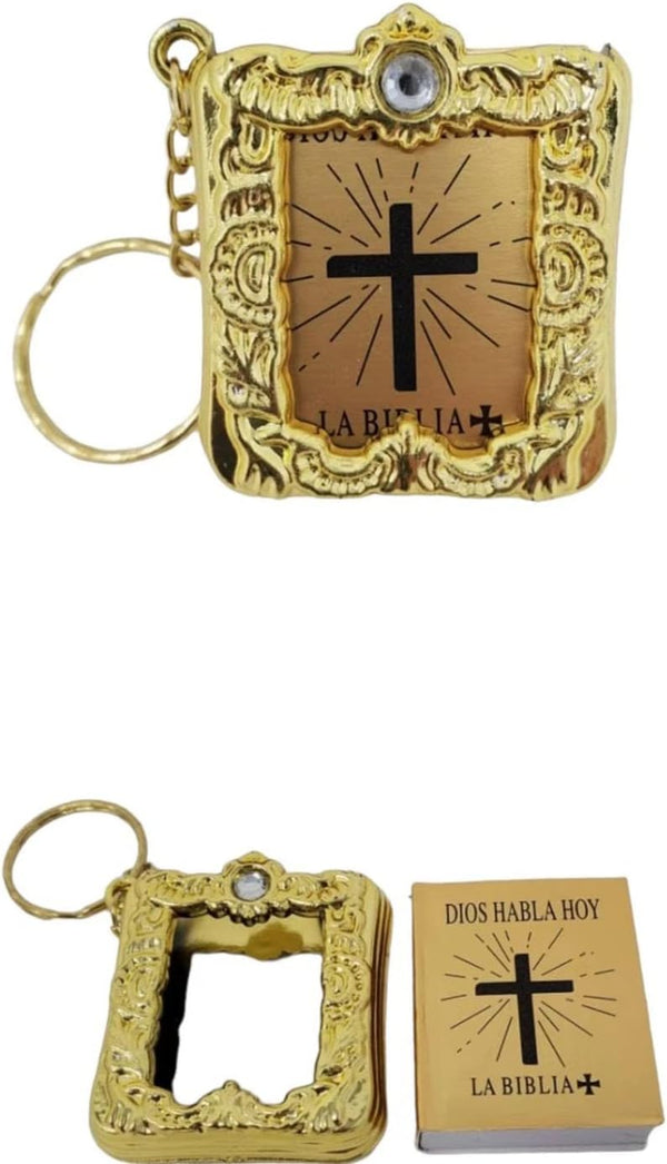 CL Gift 12 x Mini Bible Keychain, English Spanish Gold Silver Holy Bible Religious Favor for Baptism, Wedding Shower