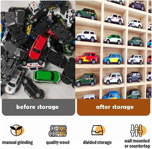 Wood Toy Car Display Rack, Holds 42 Diecast Cars Model Car Display Case 1/64 Scale Organizer Freestanding or