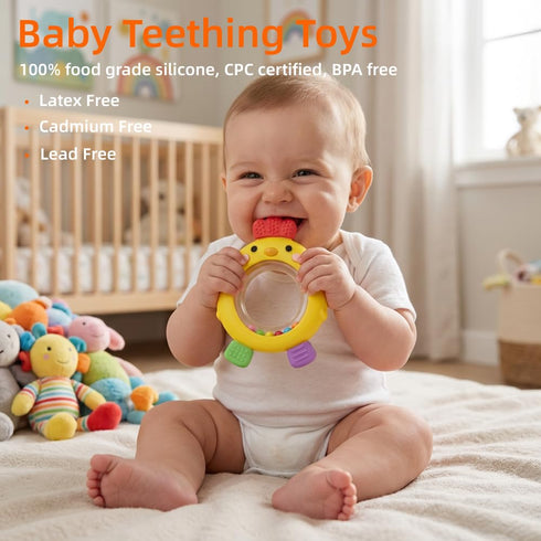 SLUQQHDU 0-6 6-12 Baby Teether Rattle Toy,Babies Teething Rings Toys for Months,Chicken Shape Textured Silicone Chew