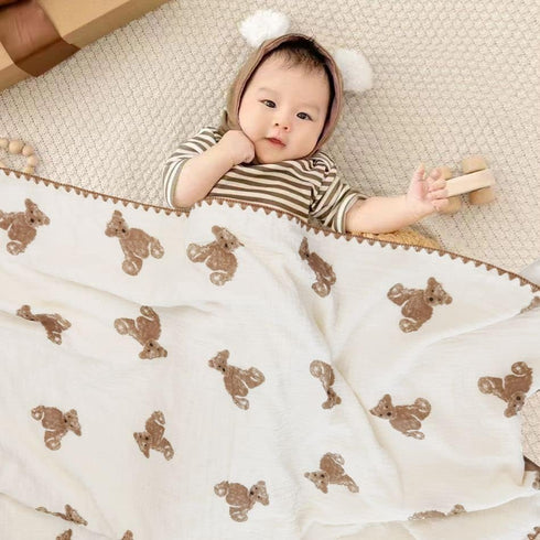 Baby Blanket Double Layer Cotton Muslin Thick Quilt, Neutral 40x40Inch Soft Throw Blanket Bear Pattern