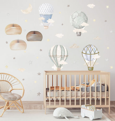 YIMEHDAN Watercolor Hot Air Balloon Wall Decals, Stars Clouds Balloon Vinyl Wall Stickers, Peel and Stick Colorful
