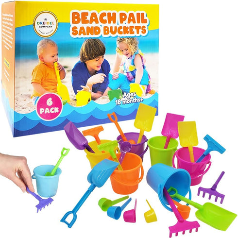 The Dreidel Company Mini Beach Playsets - Includes 1 Sand Bucket, 1 Shovel, 1 Rake, 1 Scoop, 6-Pack Birthday Treats