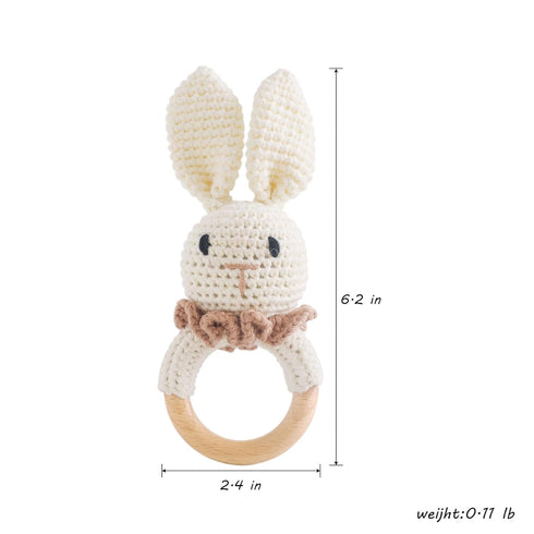 Wooden Baby Rattle, Crochet Bunny Rattle with Wood Ring, Newborn Wooden Animal Rattle Toy for Infant Bunny Wood Rattle
