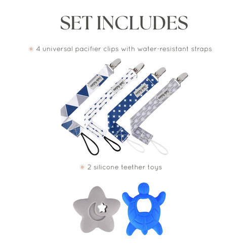 Set 6 Set, Dodo Babies Pacifier Clip & Teether Toy - Universal Pacifier Holder Loop - Silicone Teethers for Baby